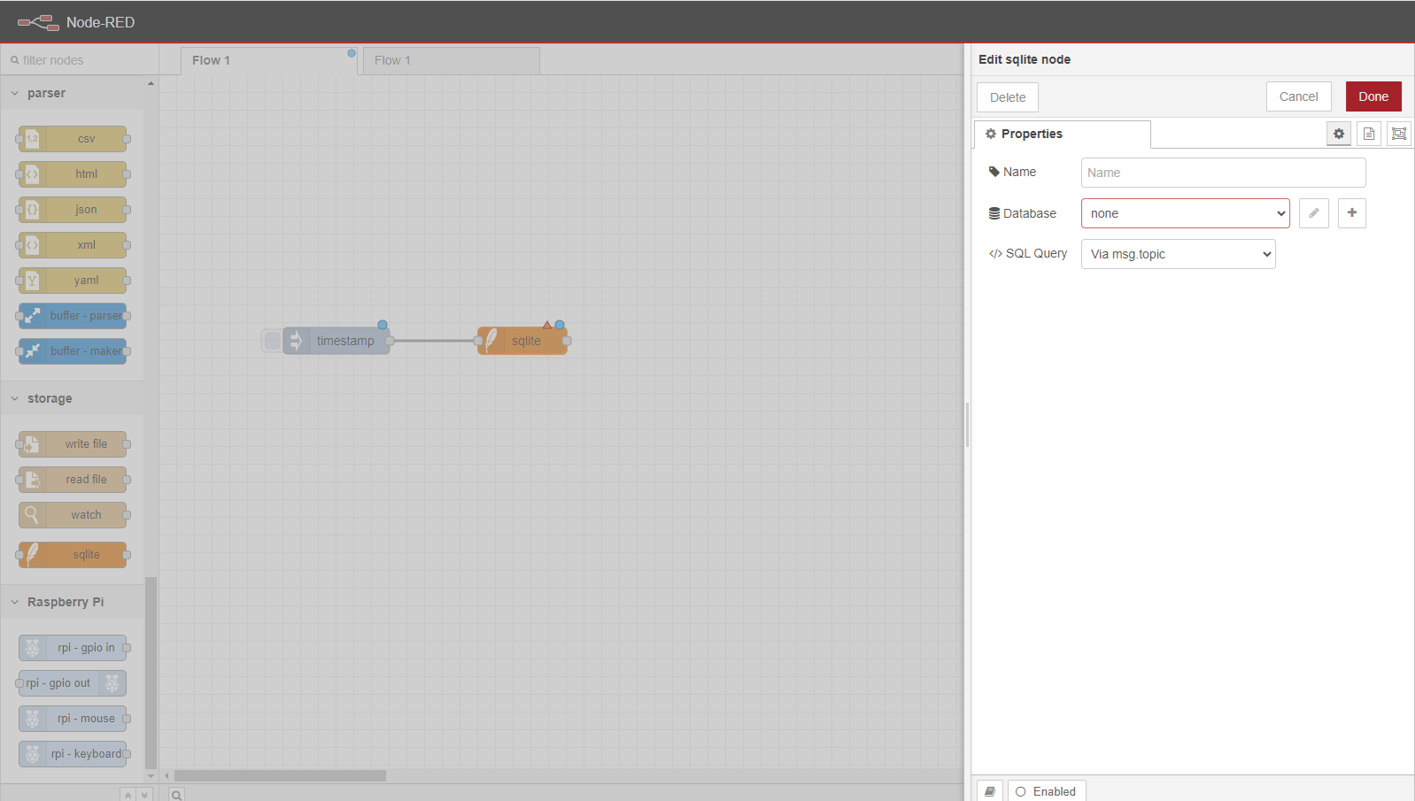 Node-RED SQLite